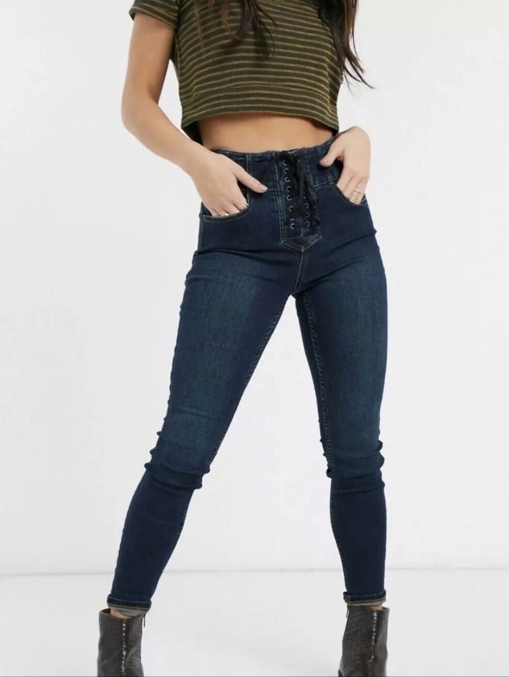 Free People lace-up skinny jeans dark blue denim jeggings y2k women's Size 26